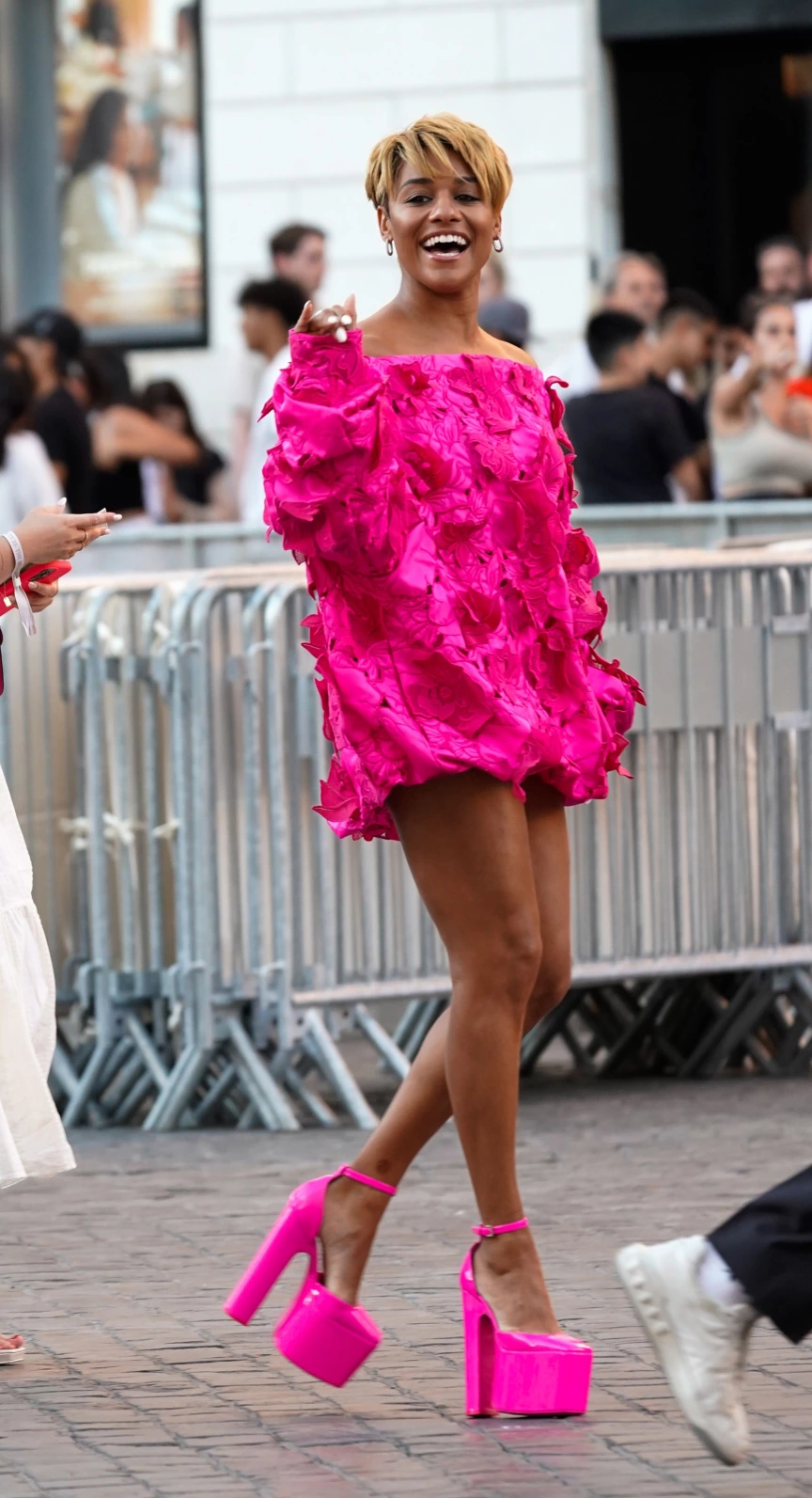 celebs in hot pink dresses Jennifer Lopez Hot Pink V-neck Thigh-high Slit Evening Dress 2018 American  Music Awards TCD8093